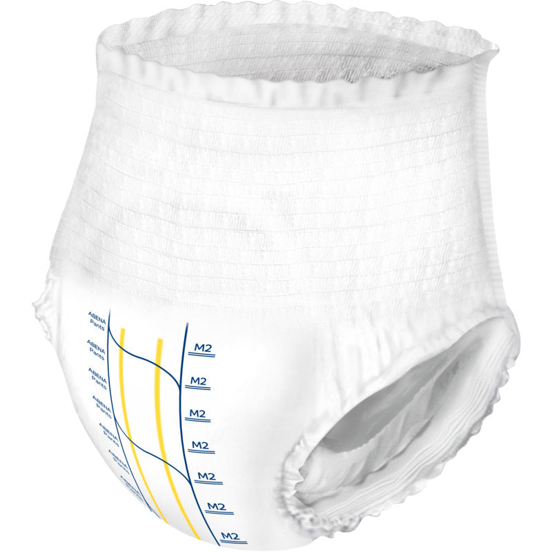 Die ABENA Pants Premium M von Abena Re-Seller GmbH ist ein weißer Pull-up-Slip mit elastischem Bund und Beinöffnungen, der auf einer Seite mit blauen und gelben Größen- und Absorptionsmarkierungen versehen ist.