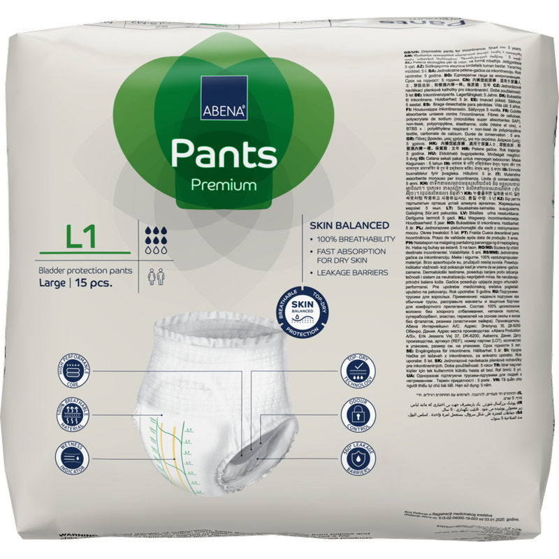 ABENA Pants Premium L von Abena Re-Seller GmbH: Packung mit 15 Blasenschutzhosen für Erwachsene, Größe Large. Merkmale sind Atmungsaktivität, schnelle Absorption und Eignung für trockene Haut - ideal für die Inkontinenzversorgung.