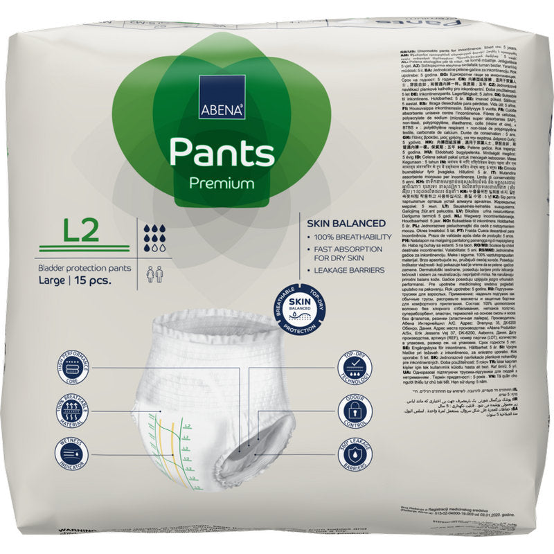 Eine 15-teilige Packung ABENA Pants Premium L von Abena Re-Seller GmbH, Größe Large, in überwiegend weißer Verpackung mit grünen Akzenten, enthält Auslaufschutz-Infos, Produktdetails und ein Hosenbild.
