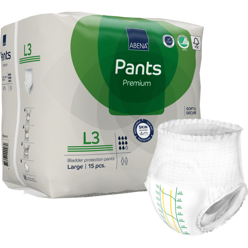 Eine Packung ABENA Pants Premium L von Abena Re-Seller GmbH, Größe Large, enthält 15 Blasenschutzhosen. Eine Windel ist außerhalb der weiß-grünen Verpackung abgebildet, die Produktinformationen, Auslaufschutz-Symbole und ein Branding zeigt.