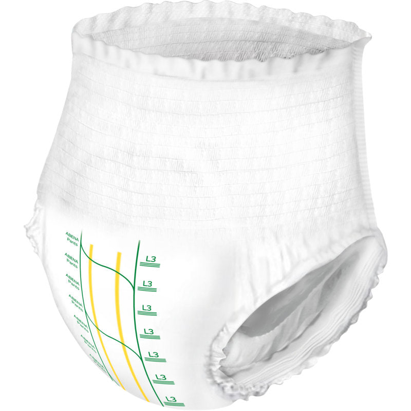 Die ABENA Pants Premium L von Abena Re-Seller GmbH hat einen elastischen Bund, weiße Farbe und einen aufgedruckten Nässeindikator mit grün/gelben Markierungen auf der Vorderseite für besten Auslaufschutz, Saugfähigkeit und Komfort.