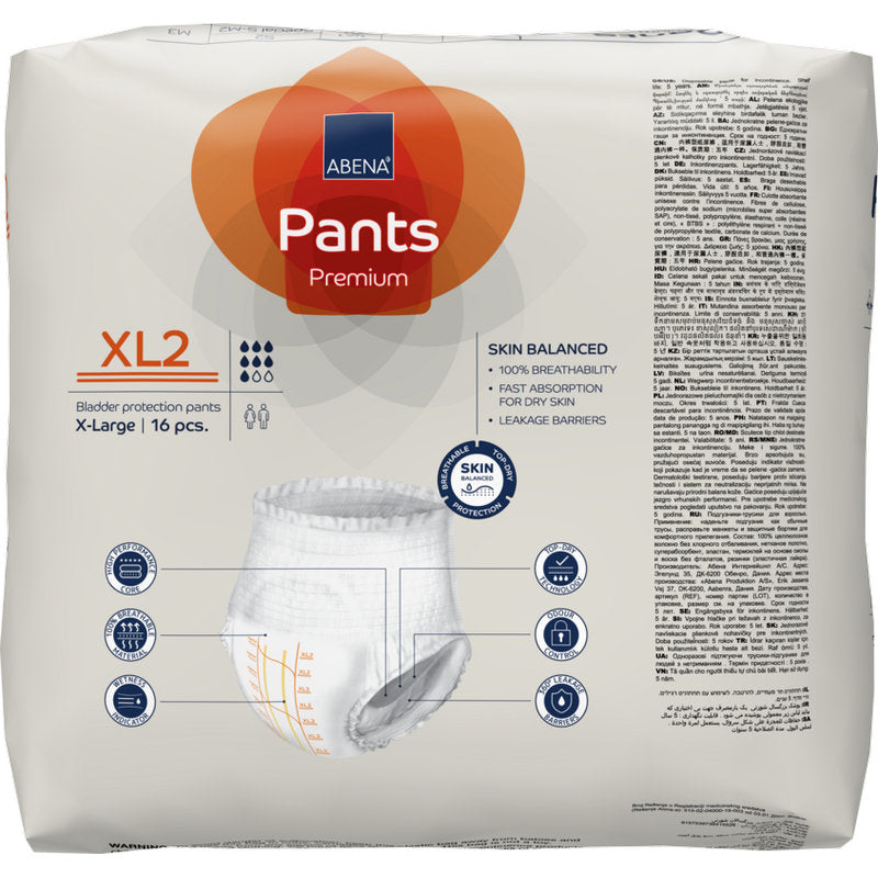Eine Packung ABENA Pants Premium XL von Abena Re-Seller GmbH, Größe extra large, enthält 16 Stück. Auf der Verpackung sind Hautbalance und Saugfähigkeit hervorgehoben sowie die Inkontinenzslips abgebildet.