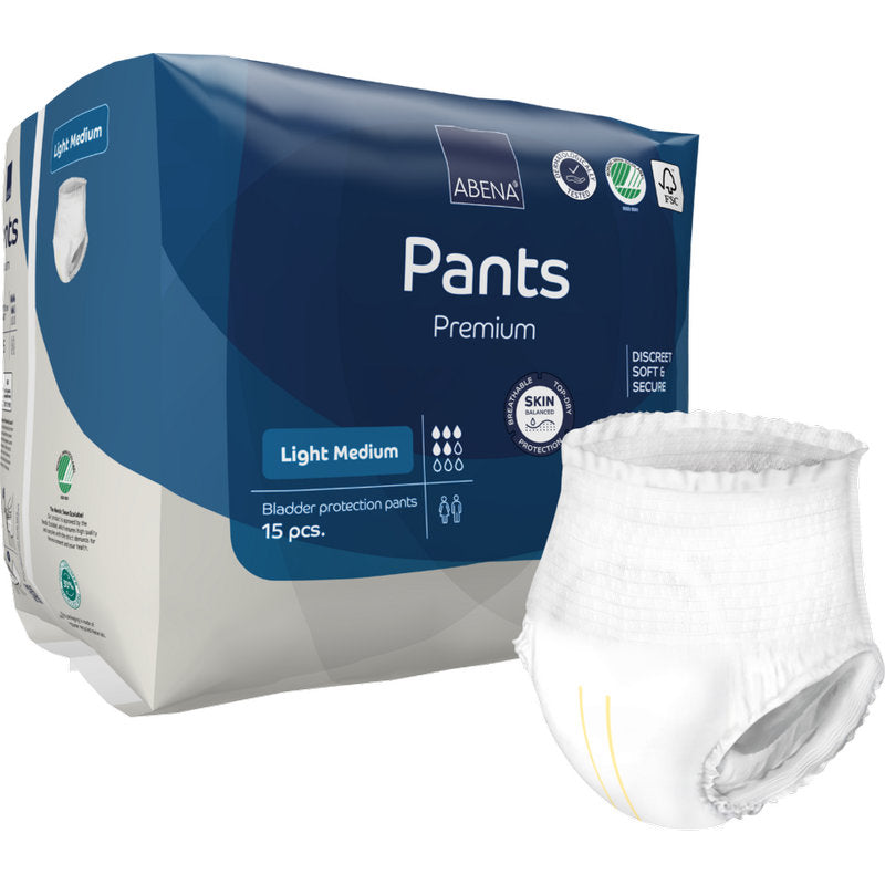 Eine Packung mit 15 ABENA Pants Light von Abena Re-Seller GmbH, Größe Light Medium. Eine diskrete Hose für Erwachsene ist vor der blau-weißen Verpackung abgebildet.