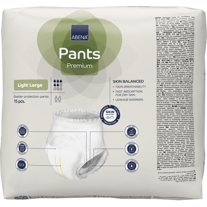 Eine Packung ABENA Pants Light von Abena Re-Seller GmbH (15 Stück) bietet atmungsaktiven, schnell absorbierenden Blasenschutz mit Auslaufsperre und Hautausgleich - Ihr diskretes Höschen für eine zuverlässige Inkontinenzversorgung.