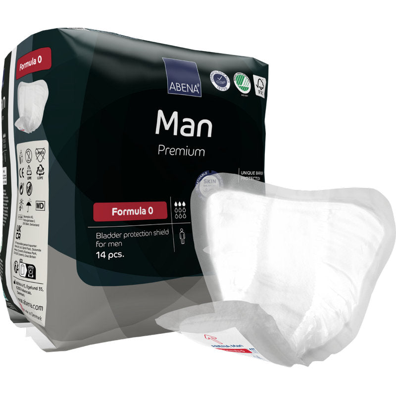 Eine 14-teilige Packung ABENA Man Formula Premium von Abena Re-Seller GmbH. Ein Schild ist außerhalb der schwarz-weiß-roten Verpackung abgebildet, die für einen effektiven Blasenschutz für Männer entwickelt wurde.