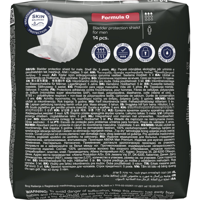 Ein 14er-Pack ABENA Man Formula Premium der Abena Re-Seller GmbH, Variante "Formula 0", mit mehrsprachigen Produktinformationen, Anleitungen und Warnhinweisen auf der Verpackung.