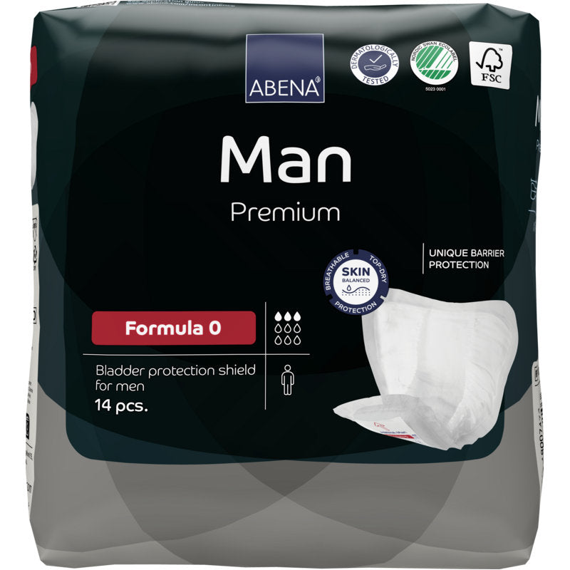Eine 14er-Packung ABENA Man Formula Premium der Abena Re-Seller GmbH, Formel 0, mit einzigartigem Barriereschutz und hautfreundlichen Zertifizierungslogos auf der Verpackung.
