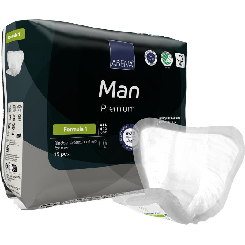 Eine Packung ABENA Man Formula Premium der Abena Re-Seller GmbH mit 15 Stück für den effektiven Inkontinenzschutz des Mannes, mit einem herausgenommenen und vorgestellten Schild.