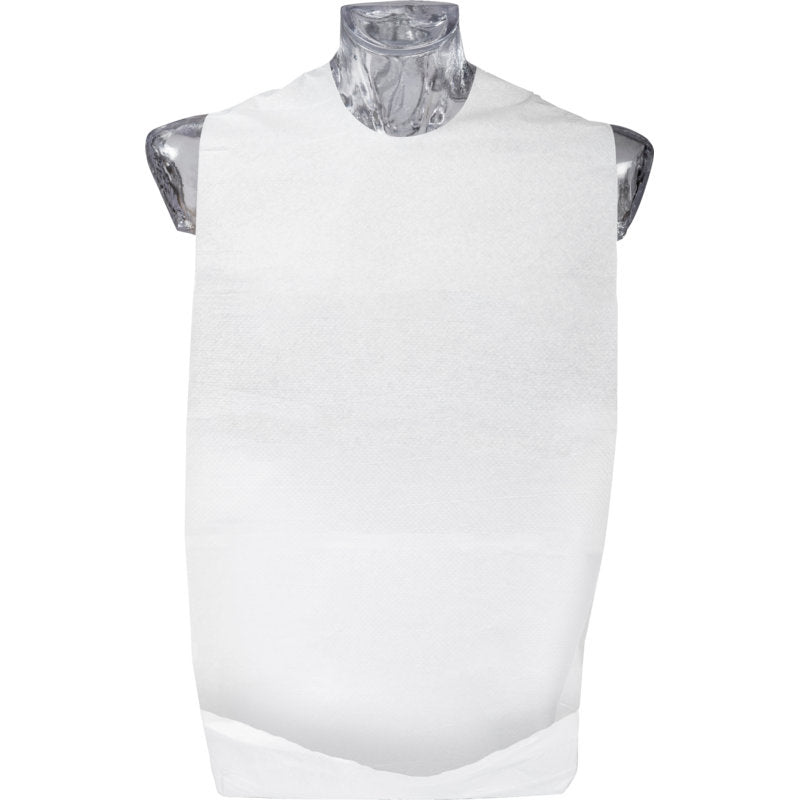 Ein ABENA Excellent Speiselatz Einweg m. Tasche, 37x70 cm, Weiß von Abena Re-Seller GmbH wird auf einem transparenten Schaufensterpuppen-Torso vor einem unifarbenen Hintergrund dargestellt. Die Packung enthält 100 Paare.