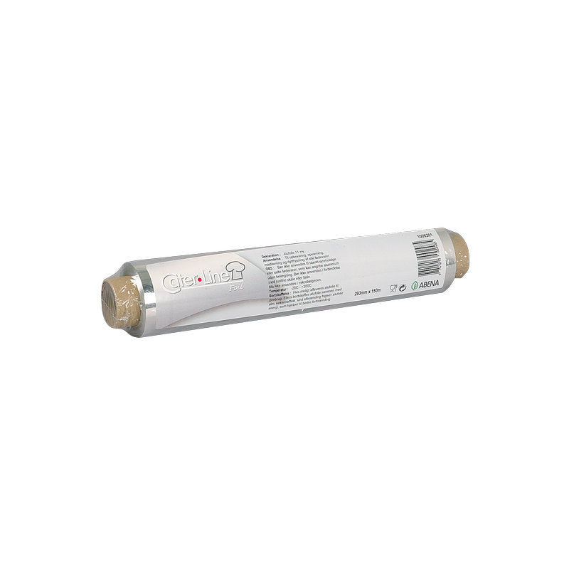 Eine Rolle Abena Re-Seller GmbH Alufolie, 29 cm x 150 m, 11 my, Packung (1 Stück), mit Produktinfo auf weißem Etikett und in Klarsichtfolie verpackt - perfekt als Lebensmittelverpackung.