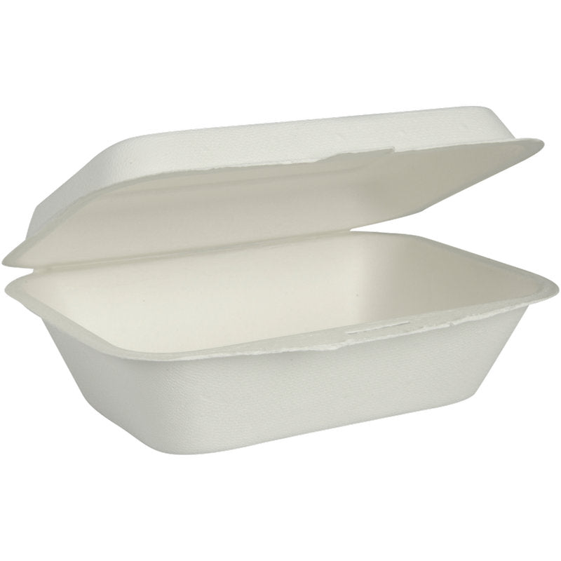 Eine offene, ungeteilte Menübox Bagasse in Weiß von Abena Re-Seller GmbH, hergestellt aus biologisch abbaubarem und kompostierbarem Material, wird leer mit hochgeklapptem Deckel vor einem schlichten Hintergrund gezeigt.