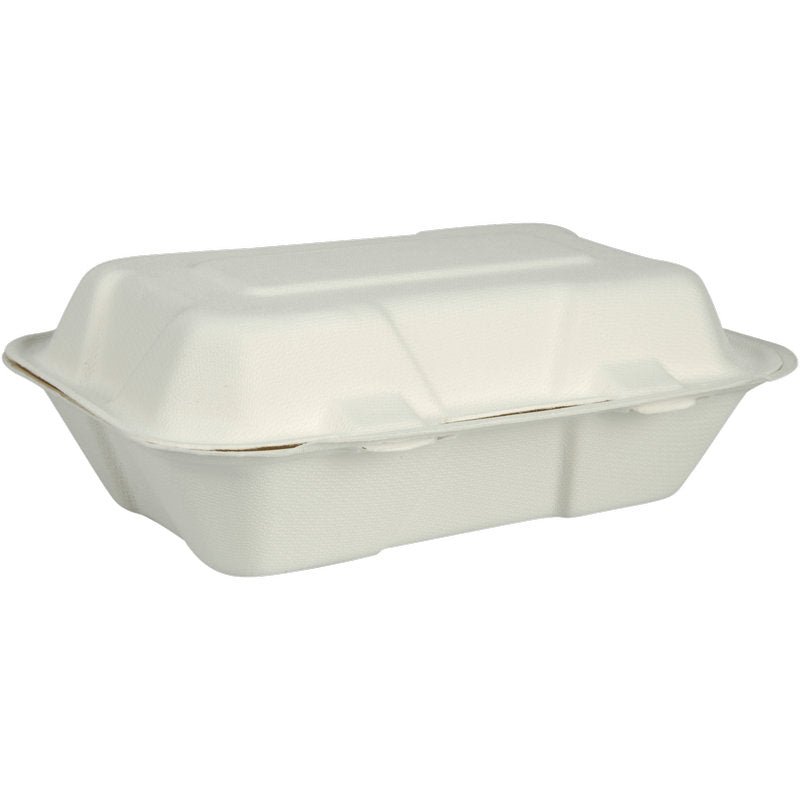 Die Menübox, Bagasse, Ungeteilt, Weiß von Abena Re-Seller GmbH ist ein geschlossener, rechteckiger, weißer Essensbehälter zum Mitnehmen mit einem Klappdeckel aus kompostierbarem und biologisch abbaubarem Material, abgebildet auf einem schlichten weißen Hintergrund.