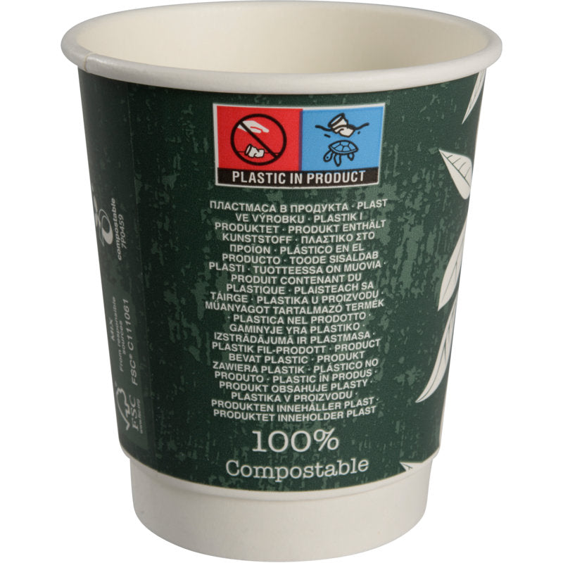 Der Kaffeebecher Doppelwand Bio "Green Leaves" von Abena Re-Seller GmbH ist ein grüner Einwegbecher aus nachhaltigen Materialien, gekennzeichnet mit "Plastik im Produkt", "100% kompostierbar" und ideal für umweltbewusste Kaffeetrinker.