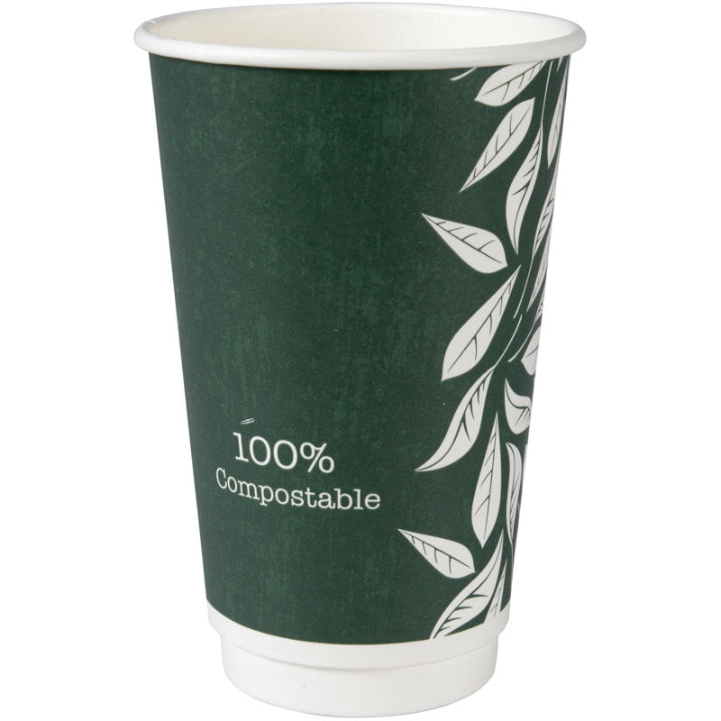 Der Kaffeebecher Doppelwand Bio "Green Leaves" von Abena Re-Seller GmbH ist ein dunkelgrüner, doppelwandiger Becher mit weißem Blattmotiv und "100% kompostierbar"-Schriftzug, hergestellt aus nachhaltigen Materialien.