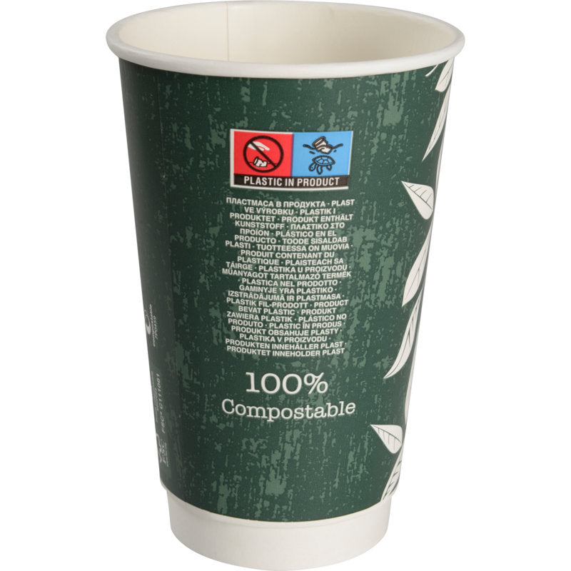 Der Kaffeebecher Doppelwand Bio "Green Leaves" von Abena Re-Seller GmbH ist ein grüner, umweltfreundlicher Becher mit weißen Blattmotiven, einem "100% kompostierbar"-Etikett und einem mehrsprachigen Warnhinweis auf den Kunststoffgehalt.