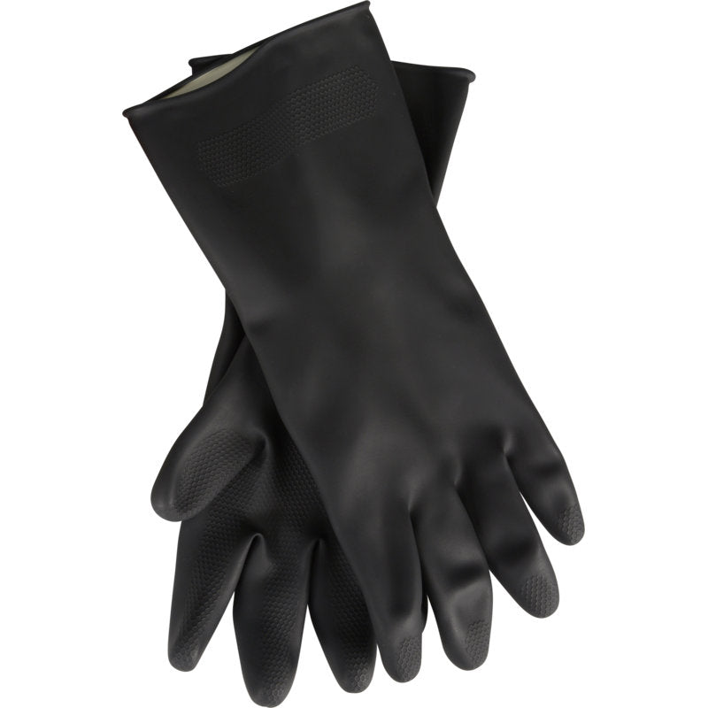 Ein Paar Thor Black Heavy Duty Haushaltshandschuhe Latex von Abena Re-Seller GmbH, mit strukturierten Handflächen und Fingern, sind auf einem weißen Hintergrund gestapelt.