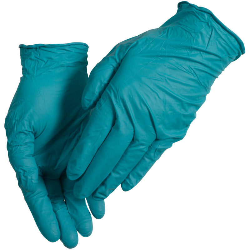 Ein Paar grüne Thor Ultra Tough Einweg-Nitrilhandschuhe von Abena Re-Seller GmbH überlappen sich mit der Handfläche nach oben auf weißem Grund - ideal für Outdoor-Aktivitäten und als langlebiges Produkt konzipiert.