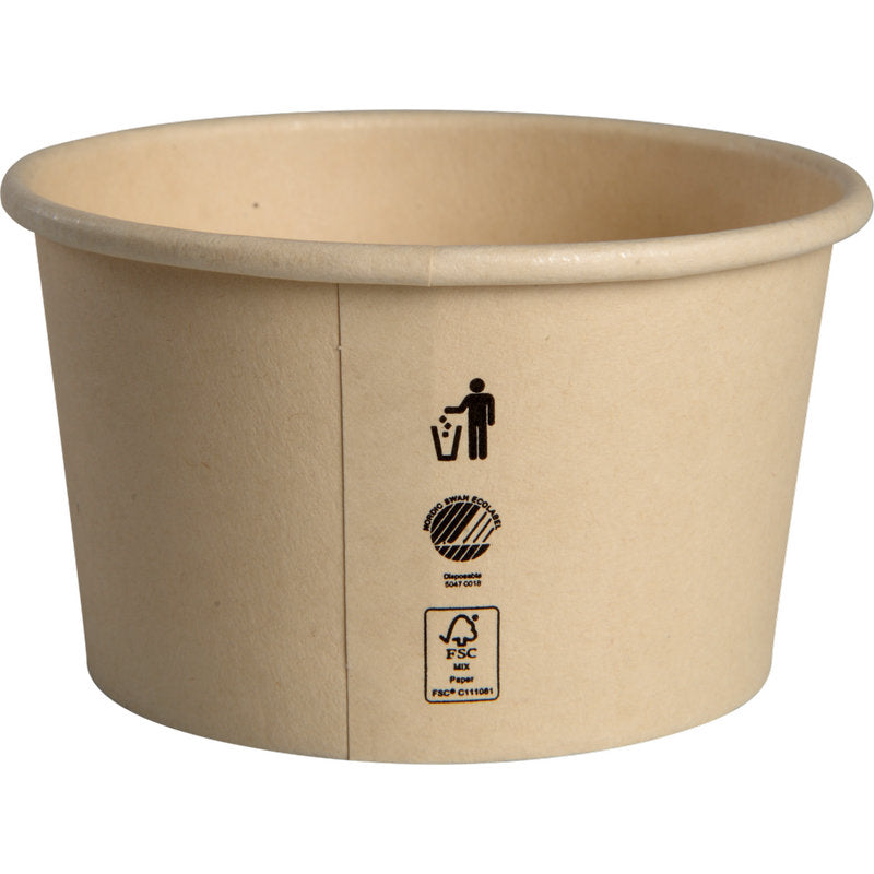 Der Eisbecher 120 ml, Pappe/PE von Abena Re-Seller GmbH ist ein schlichter, hellbrauner Pappbecher mit schwarzen Recycling- und Entsorgungssymbolen sowie FSC-Zertifizierungszeichen für Nachhaltigkeit auf der Seite.