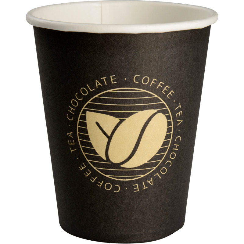 Der Kaffeebecher "Beans" von Abena Re-Seller GmbH ist ein schwarzer Einweg-Pappbecher mit weißer Innenseite, goldener Kaffeebohnen-Illustration und "COFFEE - TEA - CHOCOLATE" im Kreis wiederholt - ideal für Kaffeeliebhaber.