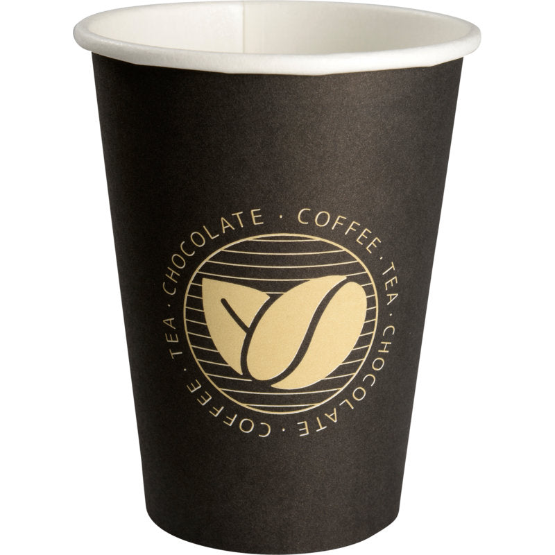 Der Kaffeebecher "Beans" der Abena Re-Seller GmbH ist schwarz mit weißer Innenseite und einem goldenen kreisförmigen Logo mit Kaffeebohnen und den Worten "COFFEE", "TEA" und "CHOCOLATE" - ideal für jeden Kaffeeliebhaber.
