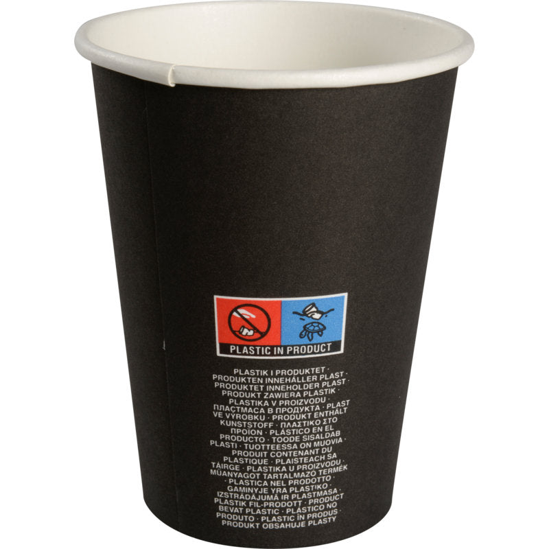 Der Abena Re-Seller GmbH Kaffeebecher "Beans" ist ein schwarzer Einweg-Pappbecher mit weißer Innenseite und mehrsprachigen Piktogrammen sowie "PLASTIC IN PRODUCT"-Etikett, ideal für Kaffeeliebhaber, die auf ihre Becherwahl achten.