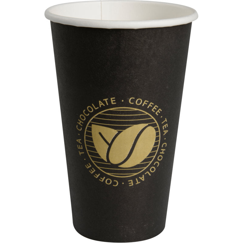 Der Kaffeebecher "Beans" der Abena Re-Seller GmbH ist ein schwarzer Einweg-Pappbecher mit weißem Innenrand, goldenem Blattkreis und dem Aufdruck "COFFEE - TEA - CHOCOLATE" - ideal für Kaffeeliebhaber.