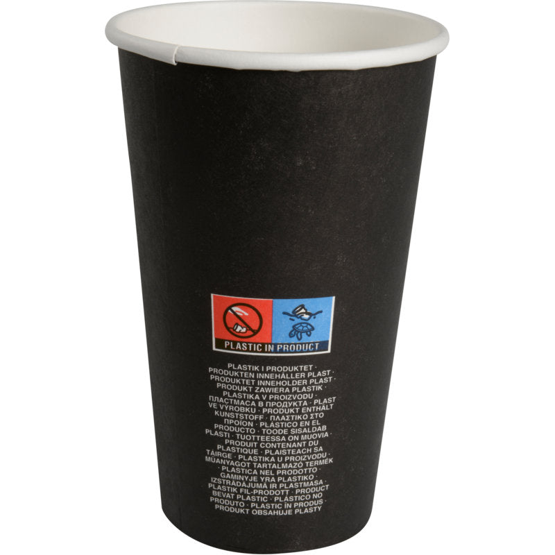 Der Kaffeebecher "Beans" von Abena Re-Seller GmbH ist ein schwarzer Einweg-Pappbecher mit weißer Innenseite, beschriftet mit roten und blauen Piktogrammen und mehrsprachigem Text, der den Kunststoffinhalt angibt - perfekt für jeden Kaffeeliebhaber.
