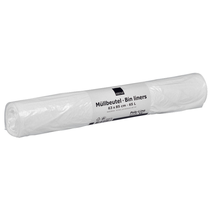 Eine weiße Rolle Abena Re-Seller GmbH Müllbeutel 65 L (630x850 mm, 13 my LDPE), unbenutzt und fest verpackt, enthält 40 Beutel pro Rolle - ideal für die Abfallentsorgung.