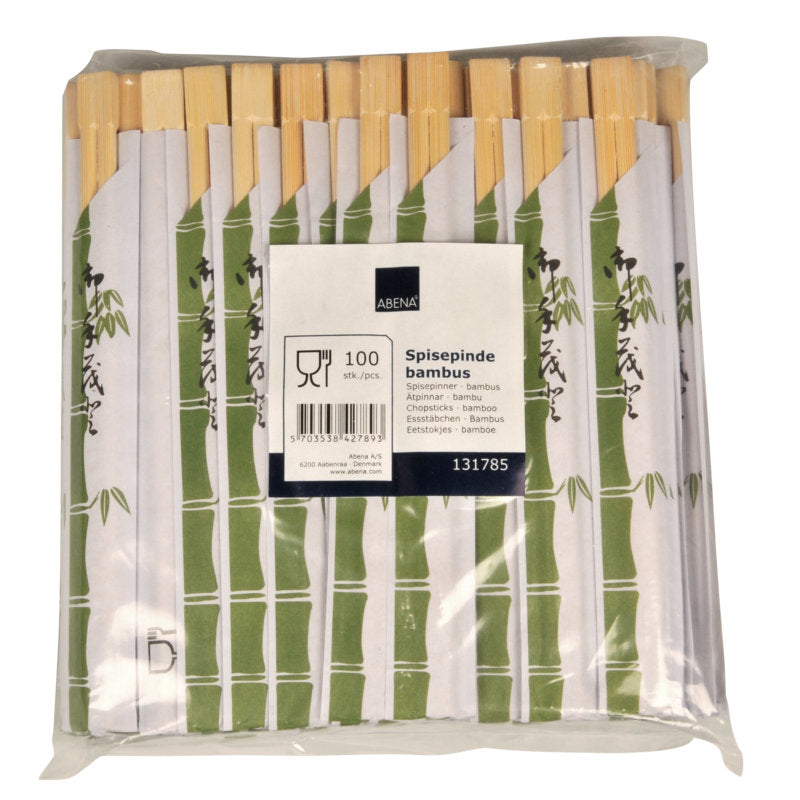 Die Klarsichtpackung von Abena Re-Seller GmbH enthält 100 Paar Bambus-Essstäbchen, jedes einzeln in weißem Papier mit grünem Bambusmotiv verpackt; mehrsprachiges Etikett vorne - ideal für asiatische Gerichte.