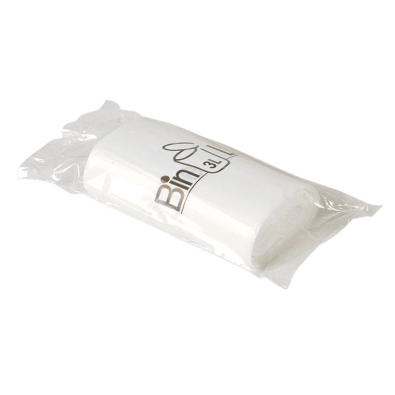 Eine Rolle der Abena Re-Seller GmbH Bin Line Beutel 3 L, 290x350 mm, aus weißem LLDPE (10 my), im klaren Kunststoff mit "Bin 3L" und Mülleimer-Icon. Enthält 20 stabile Abfallbeutel pro Rolle.