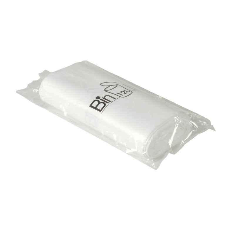 Eine Rolle Abena Re-Seller GmbH Bin Line Beutel 15 L (445x540 mm, 10 my, weiß, LLDPE) mit 20 Beuteln pro Rolle, verpackt in transparenter Folie und der Aufschrift "Bin 123" auf der Vorderseite.