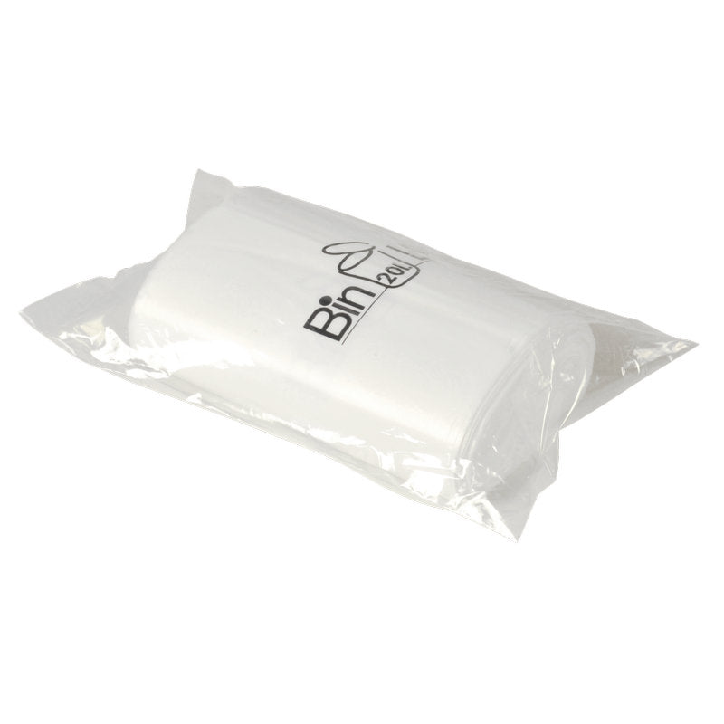 Eine transparente Kunststoffverpackung der Abena Re-Seller GmbH enthält eine Rolle mit 20 weißen Bin Line Beutel 20 L (385x775 mm, 10 my LLDPE), die in der Verpackung versiegelt und auf einem einfarbig weißen Hintergrund abgebildet sind.