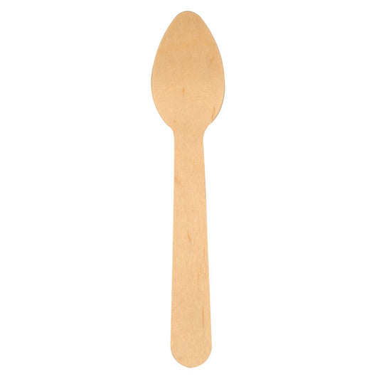 Eine Packung mit 100 Paar 11 cm Holz-Kaffeelöffeln von Abena Re-Seller GmbH - biologisch abbaubar, umweltfreundlich, mit abgerundeten Griffen und glatten ovalen Schalen, ideal für Kaffee und perfekt als nachhaltige Holzlöffel.