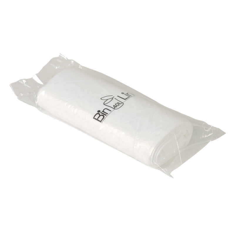Eine Rolle mit 20 weißen Bin Line Beutel 40 L (600x900 mm, 10 my LLDPE) von Abena Re-Seller GmbH, in einer durchsichtigen Kunststoffverpackung mit dem Aufdruck "Bin Lin" und einer Mülltonnenabbildung auf der Außenseite.