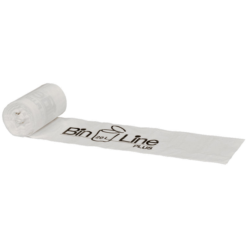 Abgebildet ist eine teilweise abgerollte Abena Re-Seller GmbH Bin Line Beutel Plus 20L (355x775 mm, 20 my LLDPE, Weiß) Rolle mit "Bin Line 20L PLUS" in schwarzer Schrift auf weißem Untergrund. Eine Rolle enthält 15 Müllbeutel - ideal für die Abfallentsorgung.