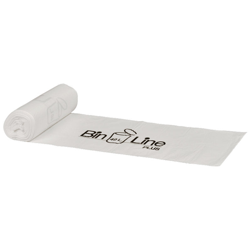 Eine Rolle Abena Re-Seller GmbH Bin Line Beutel Plus 40 L Müllbeutel (600x900 mm, 20 my LLDPE, weiß, 15 Beutel/Rolle), mit teilweise abgerolltem Liner mit der Aufschrift "Bin Line PLUS" für eine stilvolle und praktische Organisation.