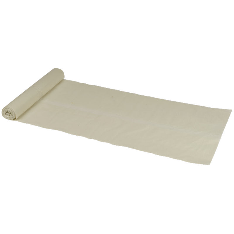Eine Rolle mit cremefarbenem Stoff wird teilweise auf einer ebenen Fläche abgerollt - ideal zum Auskleiden mit Abena Re-Seller GmbH Abfallsäcke 120 L, 700x1100 mm, 45 my LDPE, Transparent (Rolle mit 10 Beuteln) für zusätzliche Sauberkeit und Komfort.