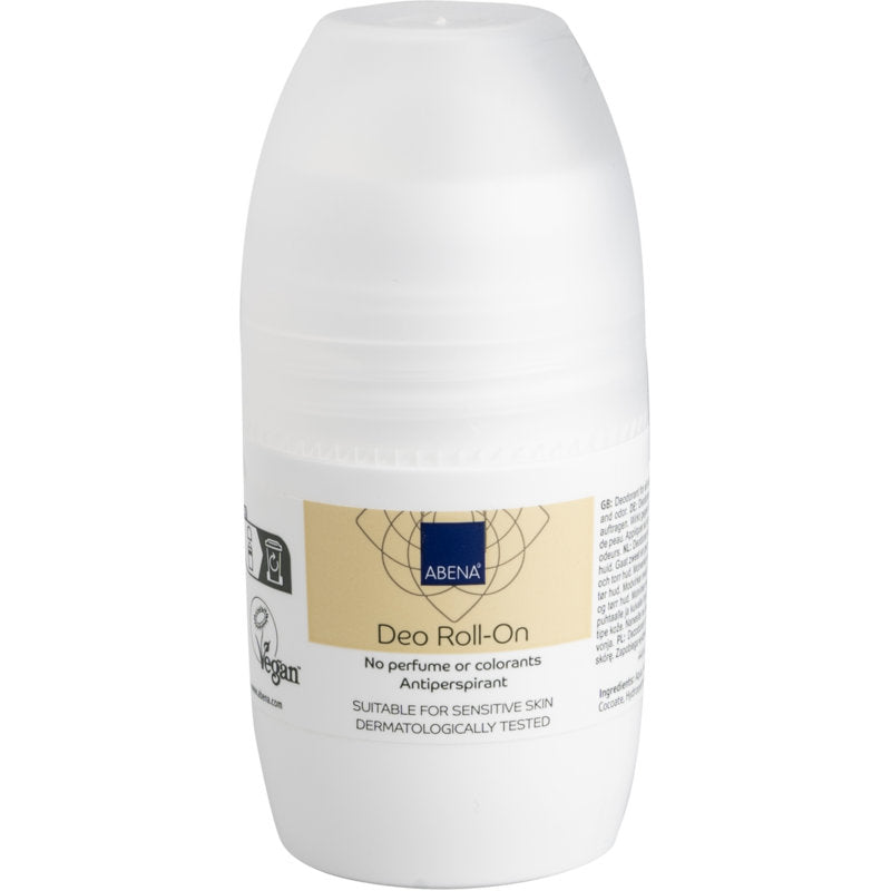 Der Abena Re-Seller GmbH Deo-Roll-On (50 ml) aus weißem Kunststoff mit beigem Etikett bietet eine effektive Geruchsneutralisierung, ist für empfindliche Haut geeignet, dermatologisch getestet und frei von Parfüm und Farbstoffen. Verkauft in Kartons mit 8 Packungen.