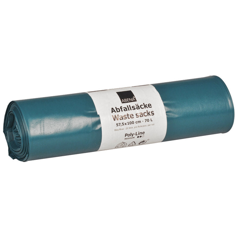 Die aufgerollten blauen Abena Re-Seller GmbH Abfallsäcke 70L (575x1000 mm, 48 my LDPE) sind mit einem zweisprachigen Etikett versehen und werden in einer Rolle von 25 reißfesten Müllsäcken geliefert. Sie bieten eine zuverlässige Haltbarkeit für den täglichen Abfallbedarf.