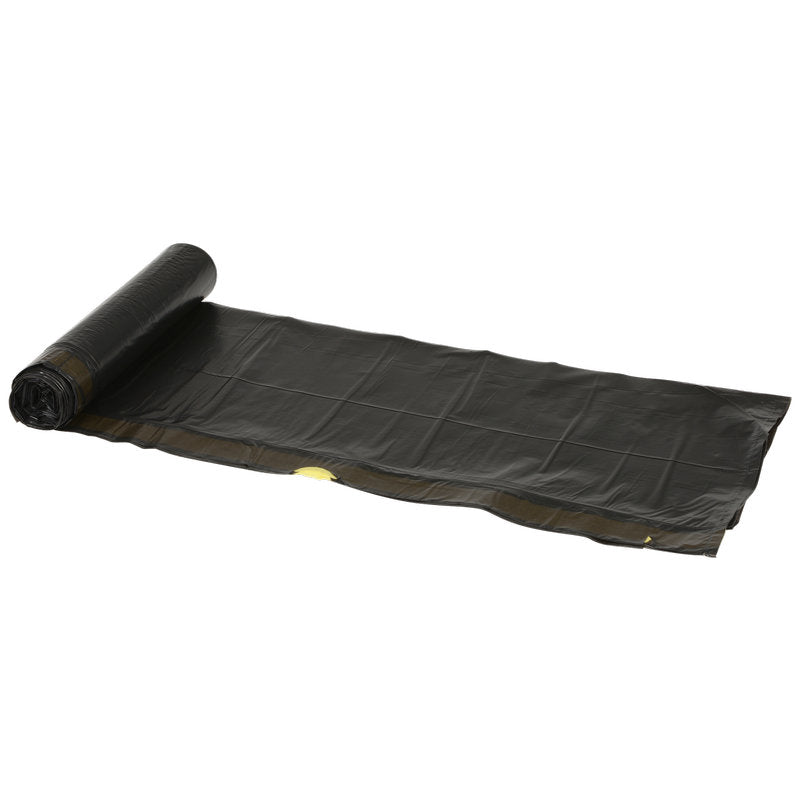 Eine Rolle Abena Re-Seller GmbH Abfallsäcke 120 L, m. Zugband, 700x1010mm 55 my Schwarz (10 Beutel/Rolle), mit einer Teilabrollung auf weißem Untergrund - ideal für die Schwerlastentsorgung.