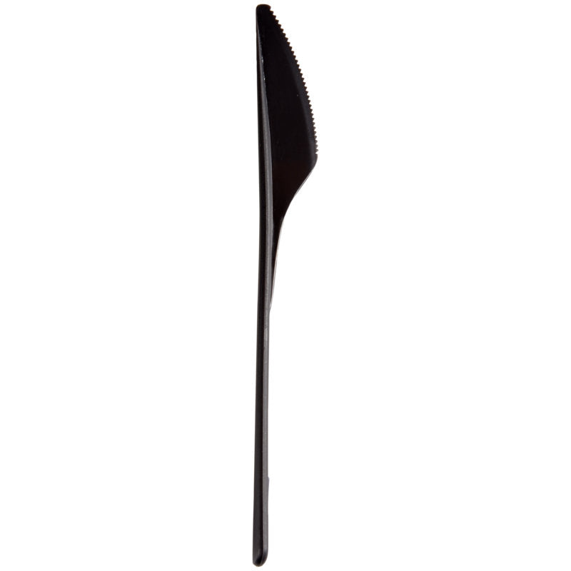 Ein einzelnes schwarzes Mehrwegmesser (18,7 cm, PP) der Abena Re-Seller GmbH, senkrecht vor einem schlichten weißen Hintergrund abgebildet.