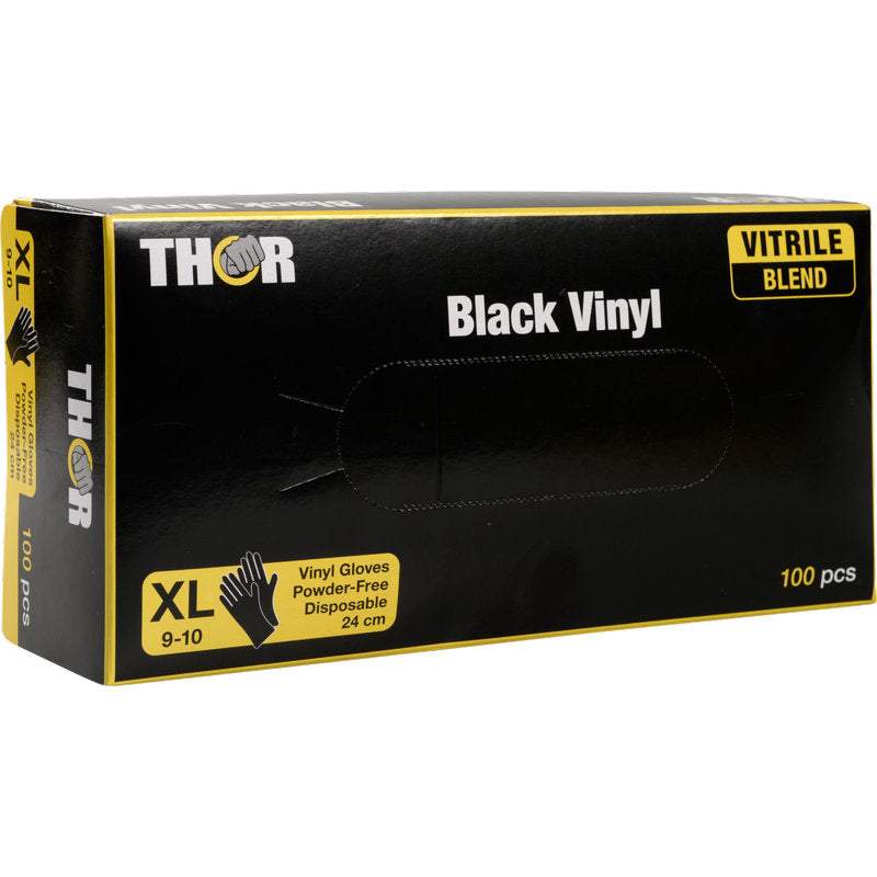 Eine schwarz-gelbe Schachtel mit der Aufschrift "Thor Black Vinyl, Vitrile Blend, Puderfrei" der Abena Re-Seller GmbH enthält 100 XL-Einmalhandschuhe mit einer haltbaren Vitrile-Mischung und einem detaillierten Branding auf der Vorderseite.