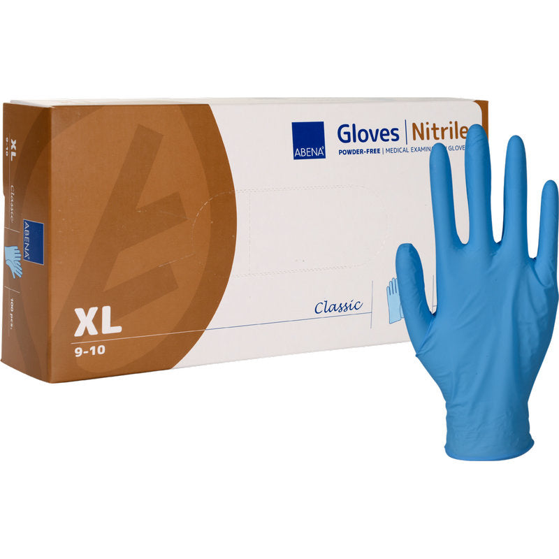 Abgebildet ist eine weiß-braune Schachtel der Abena Re-Seller GmbH Nitril-Handschuhe, Classic, Puderfrei, Blau in der Größe XL (9-10) mit einem blauen Handschuh daneben; die Schachtel weist auf die puderfreie und medizinische Eignung hin.