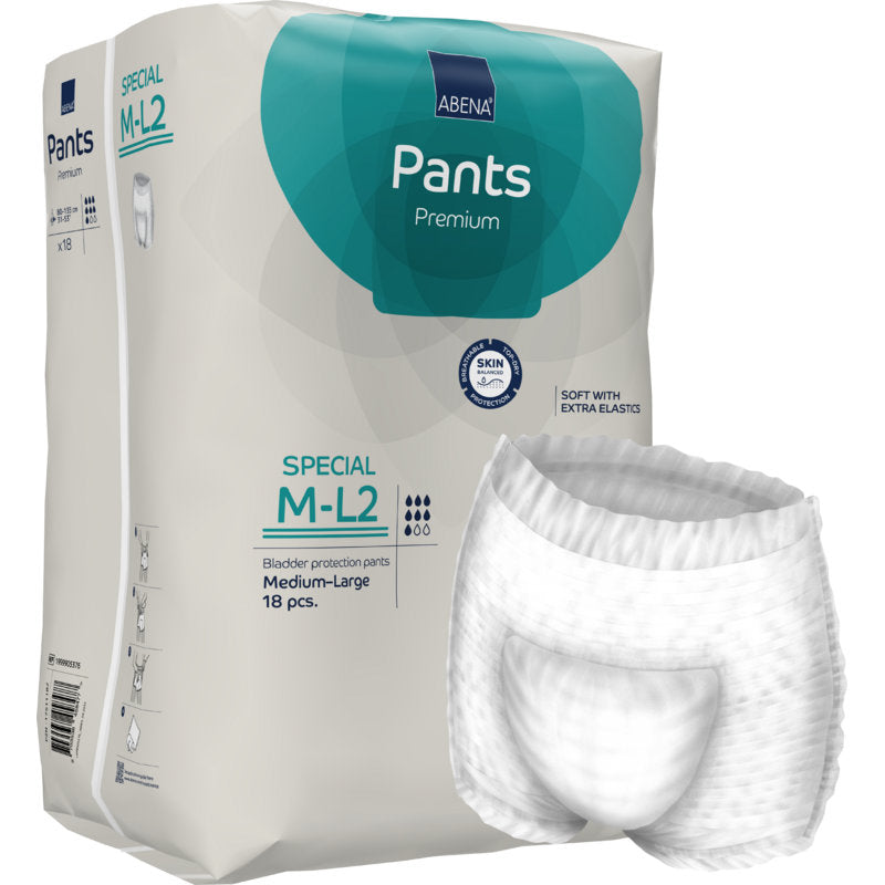 Die ABENA Pants Special Premium von Abena Re-Seller GmbH, Größe mittelgroß, kommt in einer Packung mit 18 Einweghosen für Erwachsene. Die Verpackung zeigt vorne ein Paar weiße Schutzunterwäsche.