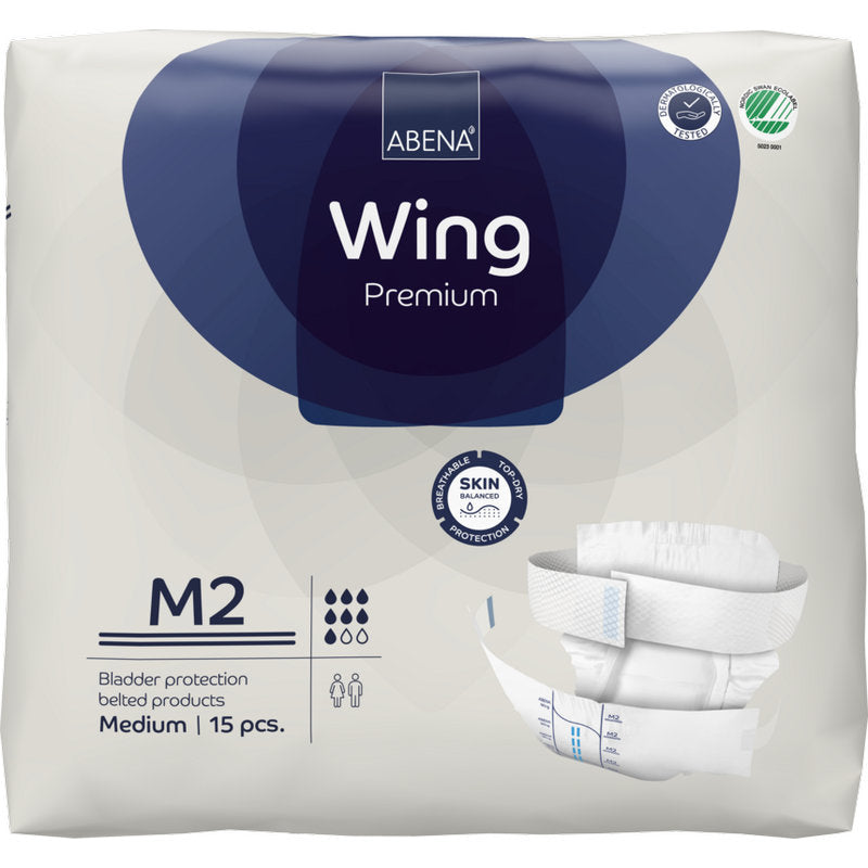 Eine Packung ABENA Wing Premium von der Abena Re-Seller GmbH bietet Top-Schutz für den mittleren Blasenbedarf. Die weiße Packung mit blauen Akzenten, auf der ein Produktbild abgebildet ist, enthält 15 Stück.