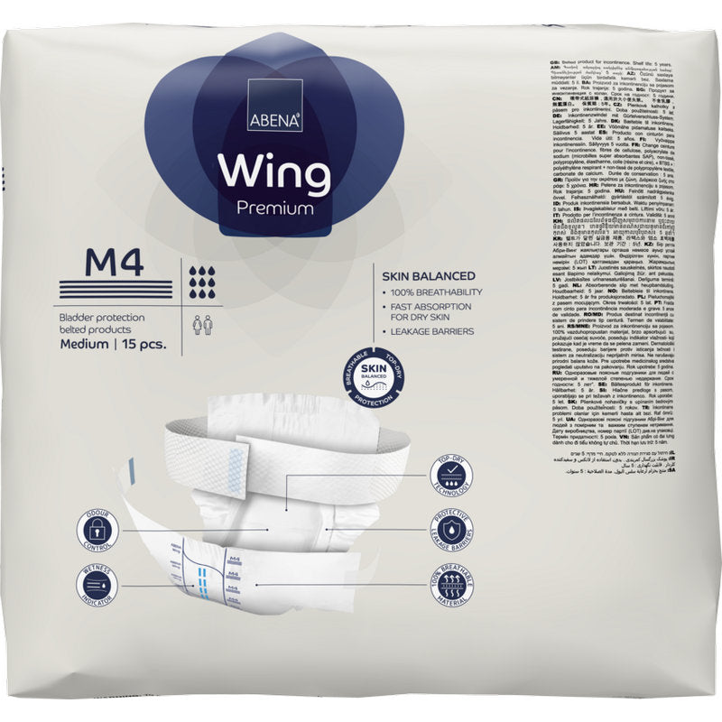 Ein 15er-Pack ABENA Wing Premium Slips der Abena Re-Seller GmbH bietet Schutz und Komfort mit hautgerechtem Design, schneller Absorption und Auslaufsperre auf der Vorderseite.