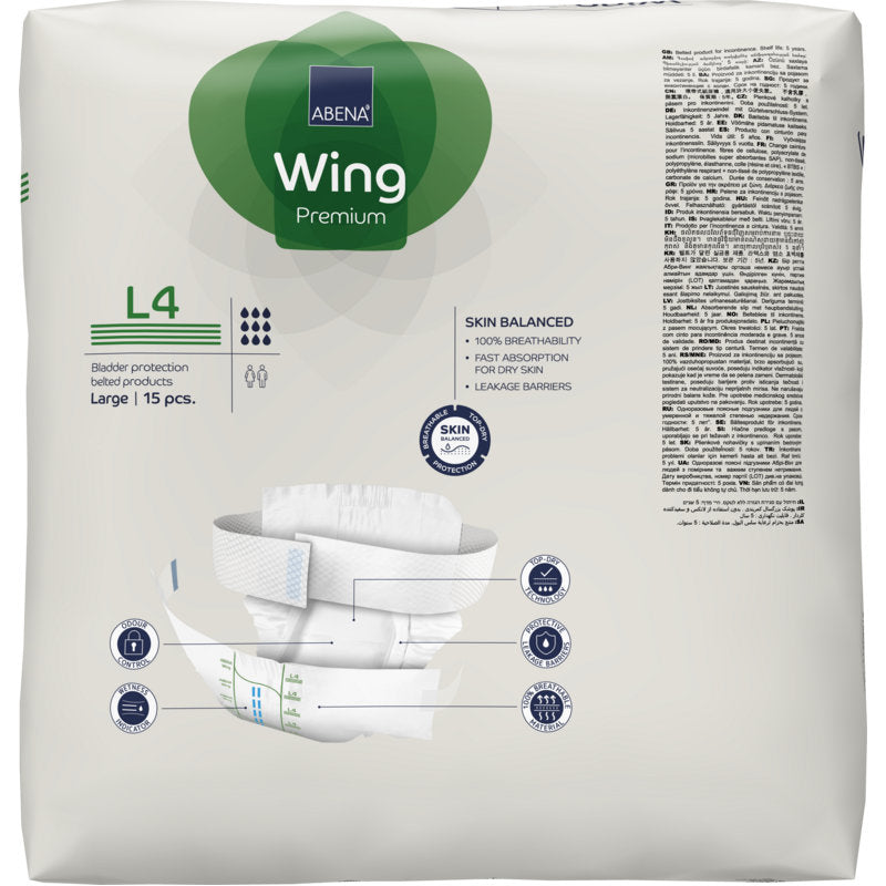 Eine Packung ABENA Wing Premium von der Abena Re-Seller GmbH bietet Schutz und Komfort. Die überwiegend weiße Packung mit grünen und blauen Akzenten zeigt Produktinfos, ein Slip-Bild und enthält 15 großformatige Slips.