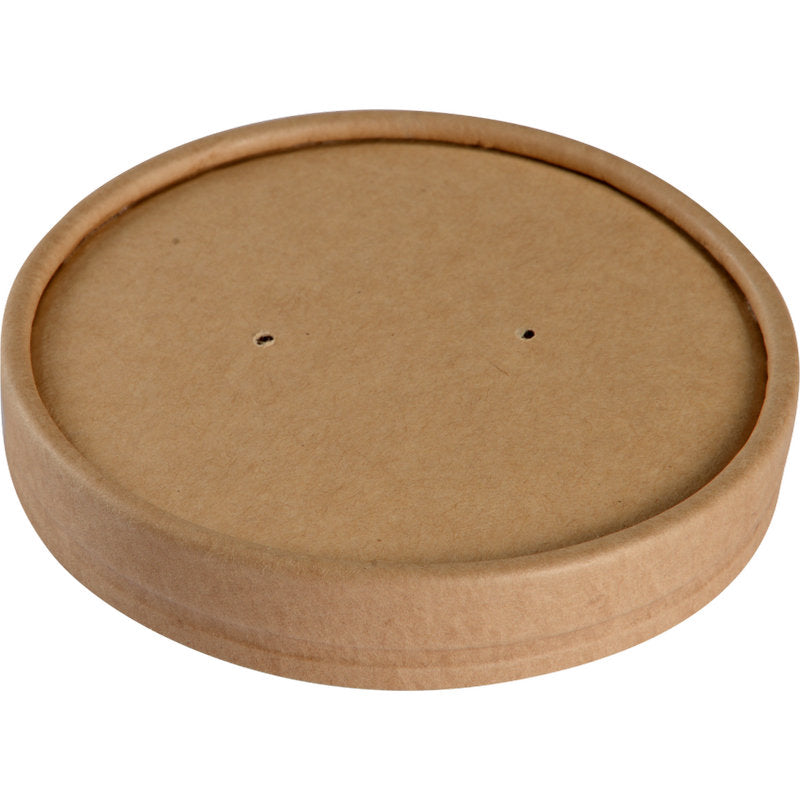 Ein brauner Deckel für Schale (ø 9,7 cm) aus Kraft/PE von Abena Re-Seller GmbH mit zwei kleinen Löchern in der Mitte, leicht schräg vor weißem Hintergrund gezeigt. Verpackung: 25 Paare.