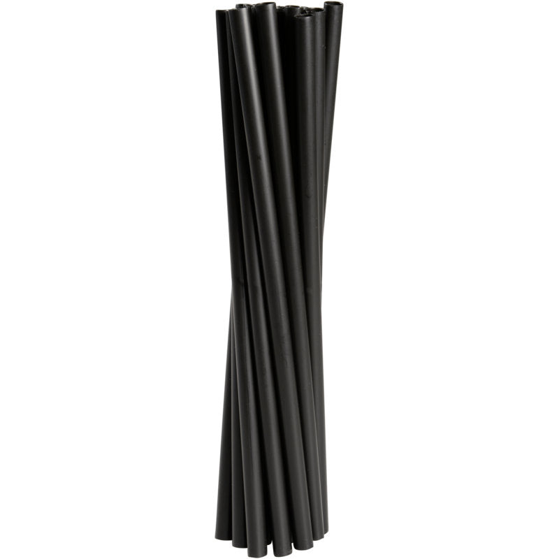 Eine Packung Abena Re-Seller GmbH Mehrweg Trinkhalme, 24 cm lang und 8 mm Durchmesser in Schwarz (250 Paare), steht aufrecht gruppiert vor weißem Hintergrund.
