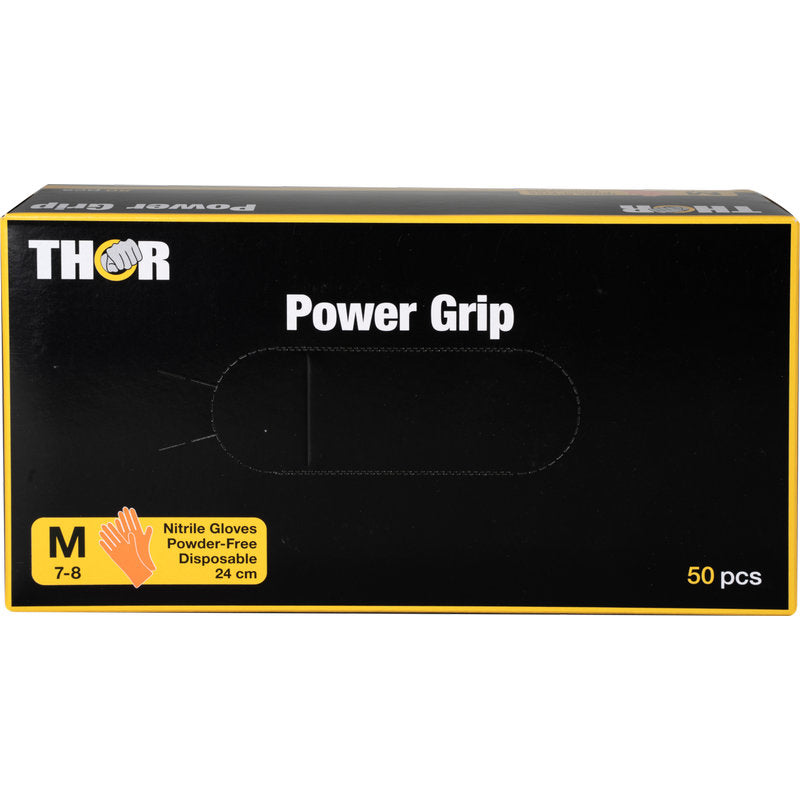 Eine Schachtel mit 50 Abena Re-Seller GmbH Thor Power Grip, Orange Nitrilhandschuhe, Größe Medium (7-8), puderfrei, Einweg, 24 cm lang. Hervorragendes Grip-Design; Schachtel mit gelben, weißen und orangenen Akzenten.
